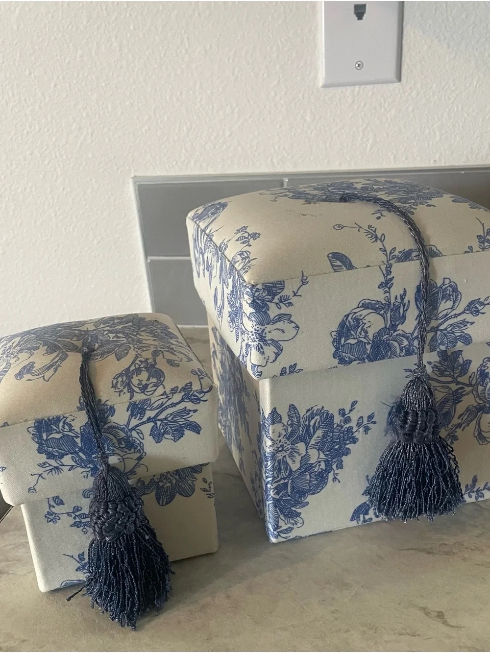 Blue Floral Decorative Storage Boxes with Tassels - Home Accents